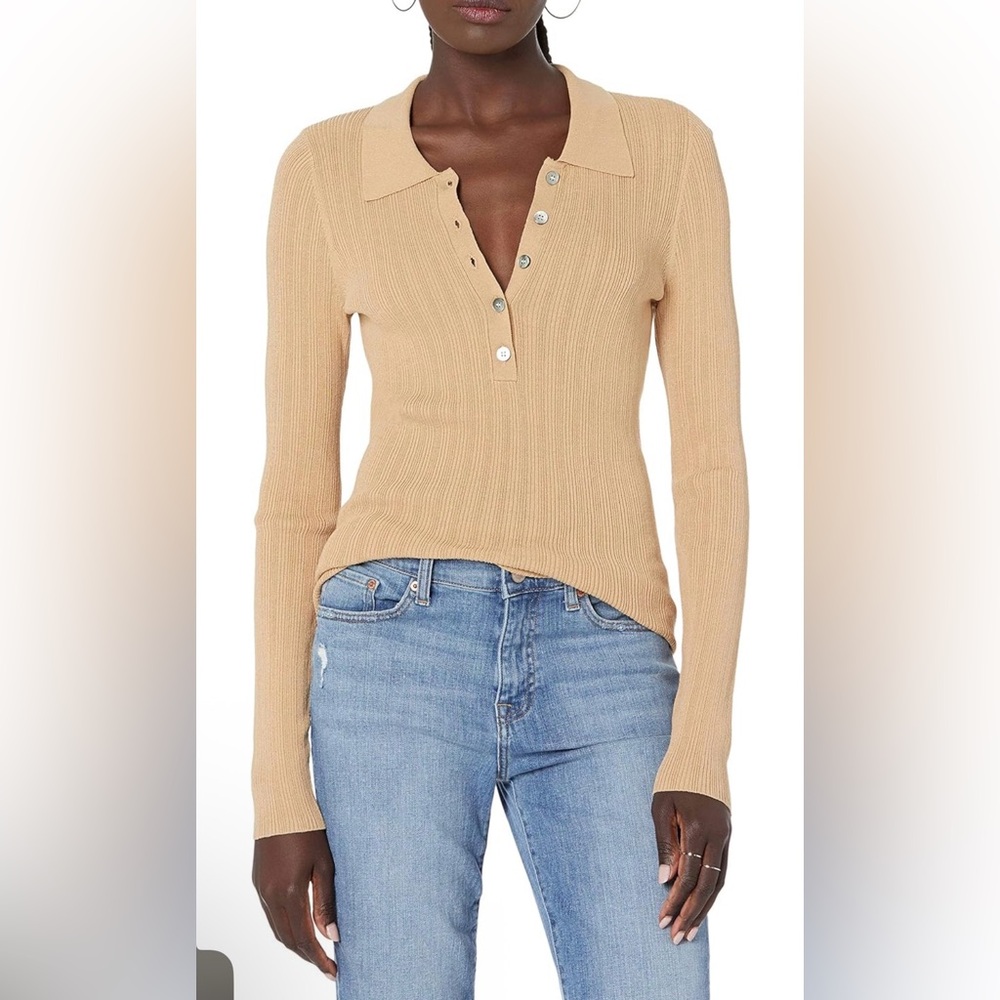 The Drop Tan Ribbed Long Sleeve Polo Top Size S